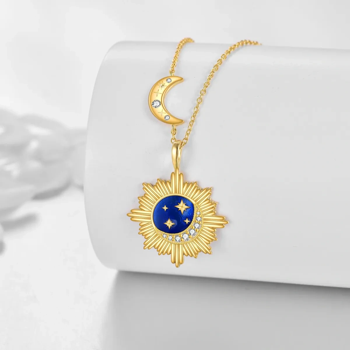 Sterling Silver With Yellow Gold Plated Circular Zircon Moon With Star With Sun Pendant Necklace For Women-3