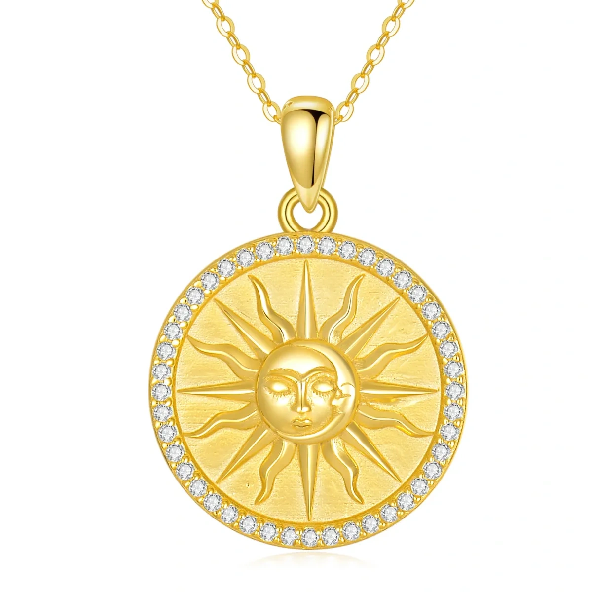 Sterling Silver with Yellow Gold Plated Circular Shaped Zircon Moon & Sun Pendant Necklace-1