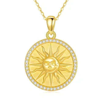 Sterling Silver with Yellow Gold Plated Circular Shaped Zircon Moon & Sun Pendant Necklace-1