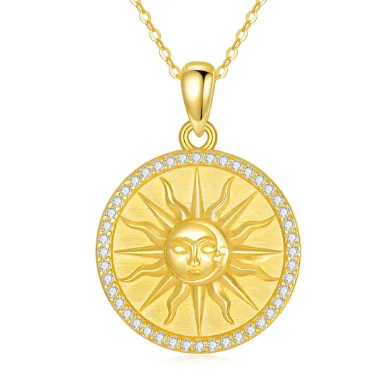 Sterling Silver with Yellow Gold Plated Circular Shaped Zircon Moon & Sun Pendant Necklace