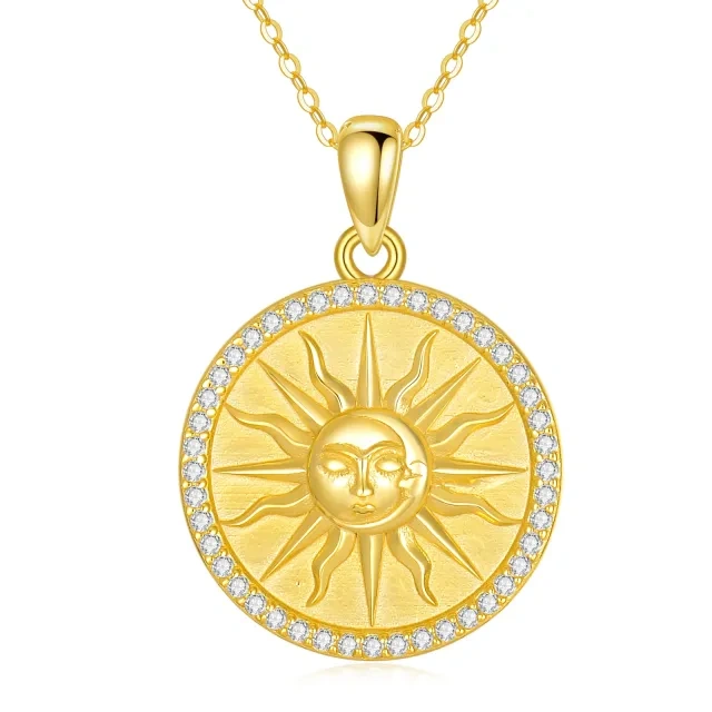 Sterling Silver with Yellow Gold Plated Circular Shaped Zircon Moon & Sun Pendant Necklace-1