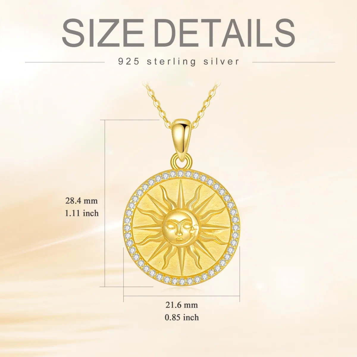 Collana in argento 925 placcato oro giallo con ciondolo circolare a forma di zircone con luna e sole-5