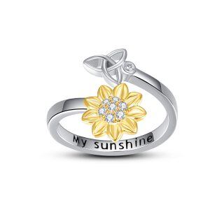 Sterling Silver With Yellow Gold Plated Circular Zircon Sunflower With Celtic Knot Open Ring With Engraved Word For Women-1