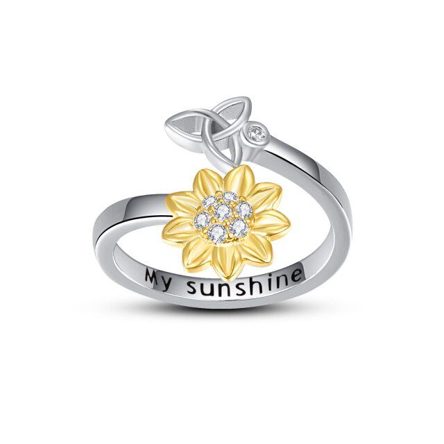 Sterling Silver with Yellow Gold Plated Circular Shaped Zircon Sunflower & Celtic Knot Open Ring with Engraved Word-2