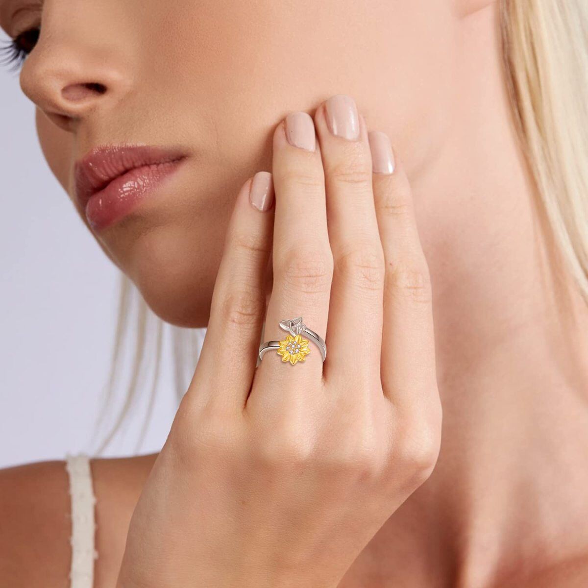 Anillo abierto de plata de ley con circonita circular chapada en oro amarillo, girasol con nudo celta y palabra grabada para mujer-2