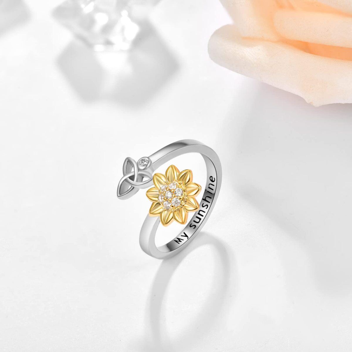 Anillo abierto de plata de ley con circonita circular chapada en oro amarillo, girasol con nudo celta y palabra grabada para mujer-4