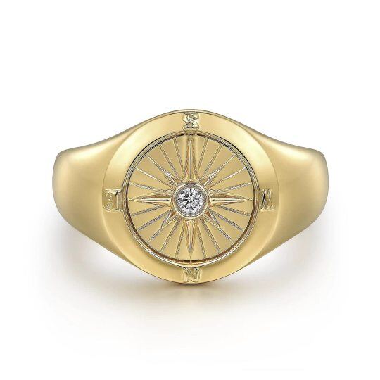 Sterling Silver with Yellow Gold Plated Cubic Zirconia Compass Signet Ring for Men