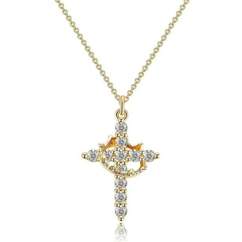 Sterling Silver with Yellow Gold Plated Cubic Zirconia Cross & Crown Pendant Necklace-10