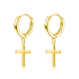 Sterling Silver with Yellow Gold Plated Cross Drop Earrings-14