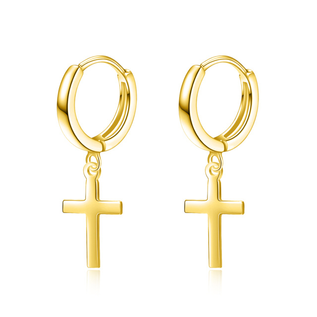 Boucles d'oreilles pendantes en argent sterling avec croix plaquée or jaune-1