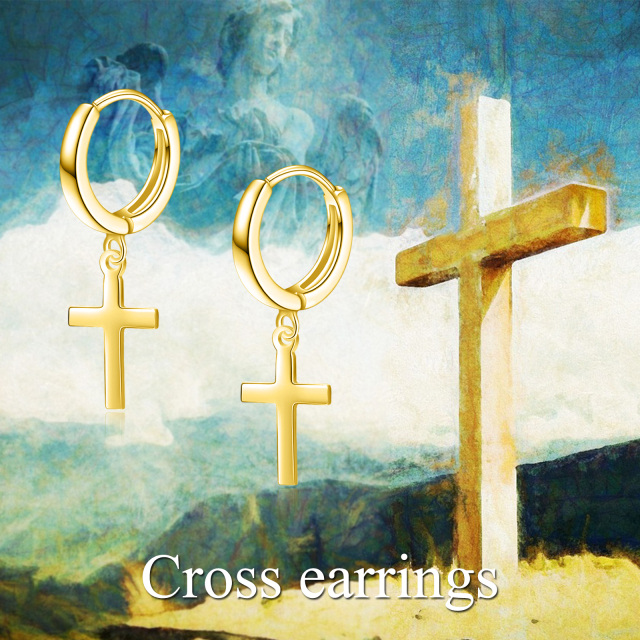 Sterling Silver with Yellow Gold Plated Cross Drop Earrings-6