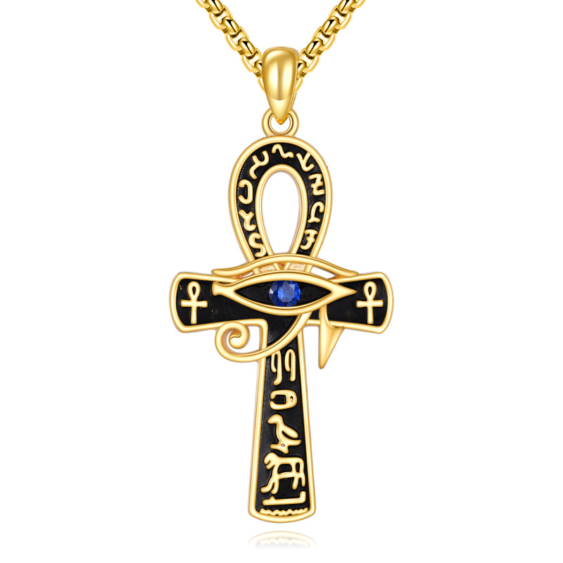 Sterling Silver with Yellow Gold Plated Cubic Zirconia Cross & Evil Eye Pendant Necklace for Men-12
