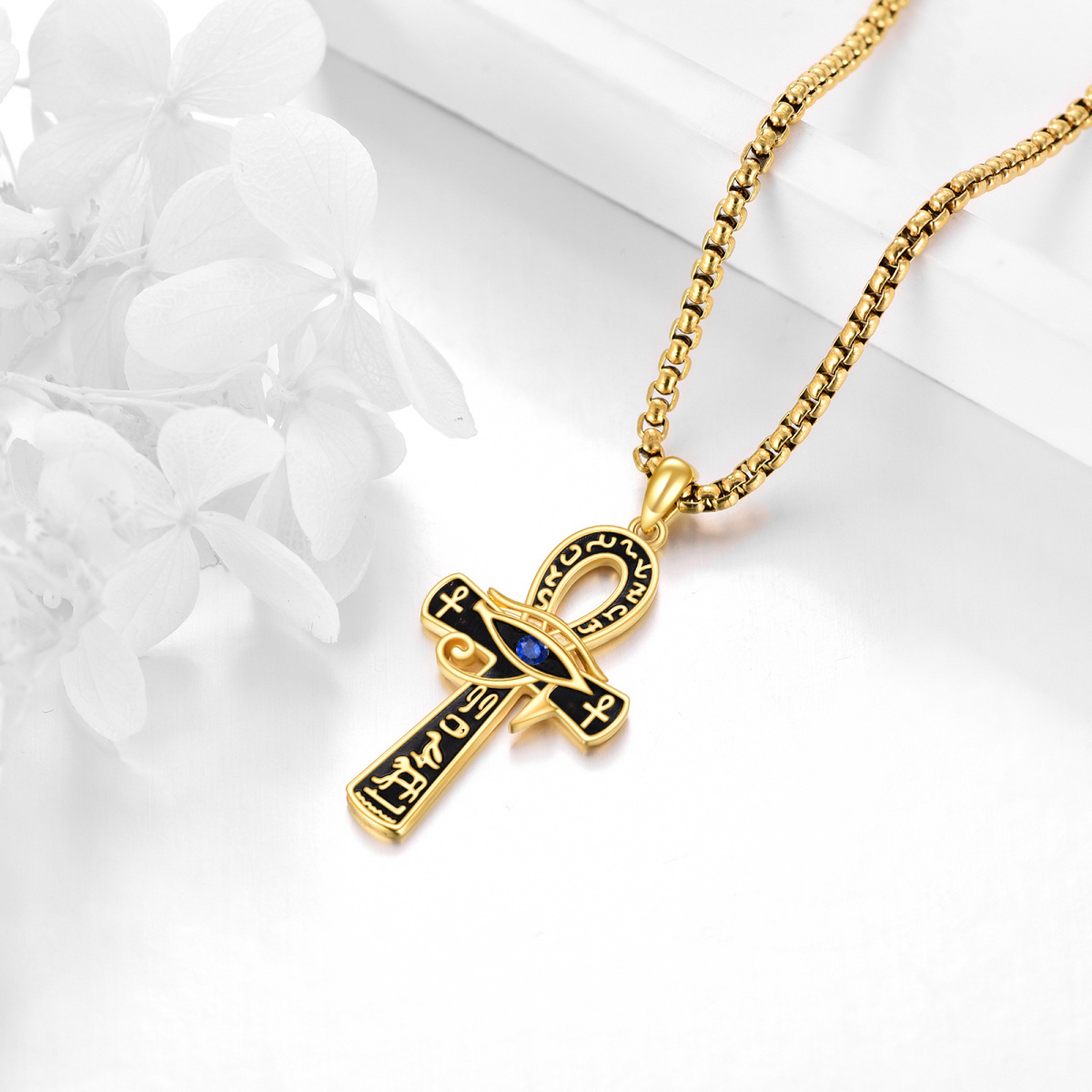 Halskette mit Kreuz-Anhänger „Böser Blick“ aus Sterlingsilber mit Gelbgold-Plattierung und Zirkonia für Herren-3