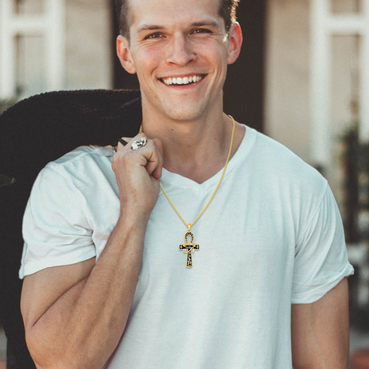 Collier avec pendentif croix en argent sterling et zircone cubique plaqué or jaune pour homme-5