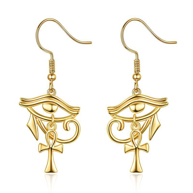 Boucles d'oreilles pendantes Croix et Oeil d'Horus en argent sterling et plaqué or jaune-1