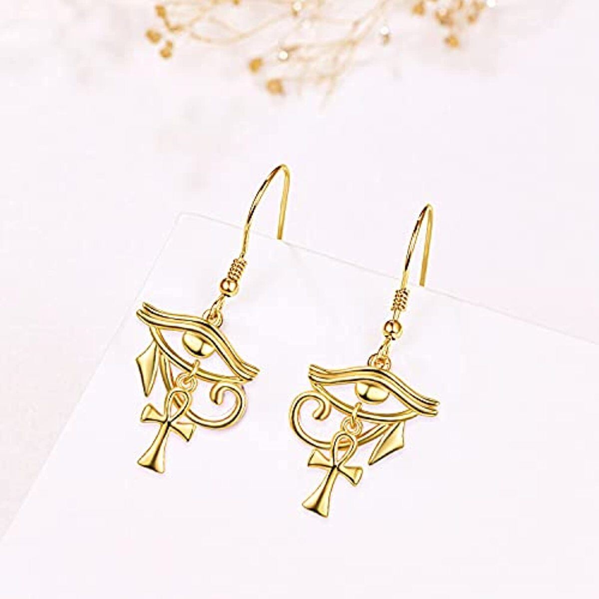 Boucles d'oreilles pendantes Croix et Oeil d'Horus en argent sterling et plaqué or jaune-3