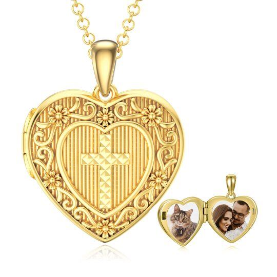 Plata de ley con baño de oro amarillo Cruz Corazón Personalizado Grabación Foto Relicario Collar