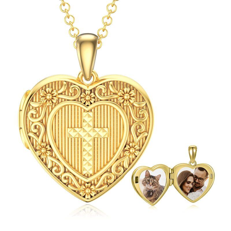 Plata de ley con baño de oro amarillo Cruz Corazón Personalizado Grabación Foto Relicario Collar-5