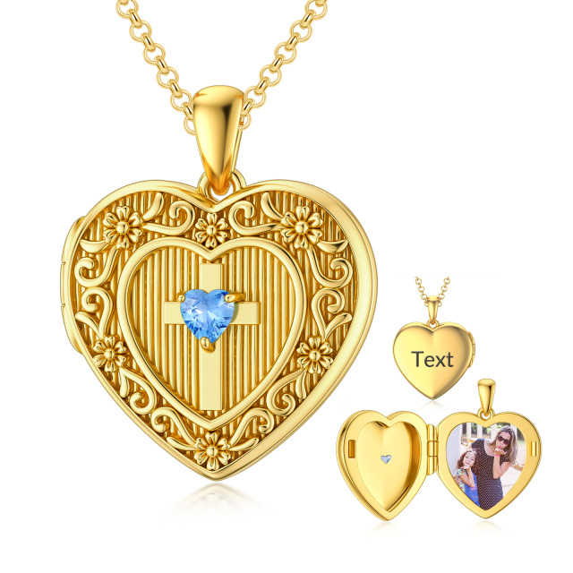 Plata de ley con chapado en oro amarillo Cruz en forma de corazón Cubic Zirconia Personalizada Birthstone Grabación Personalizada Foto Locket Collar