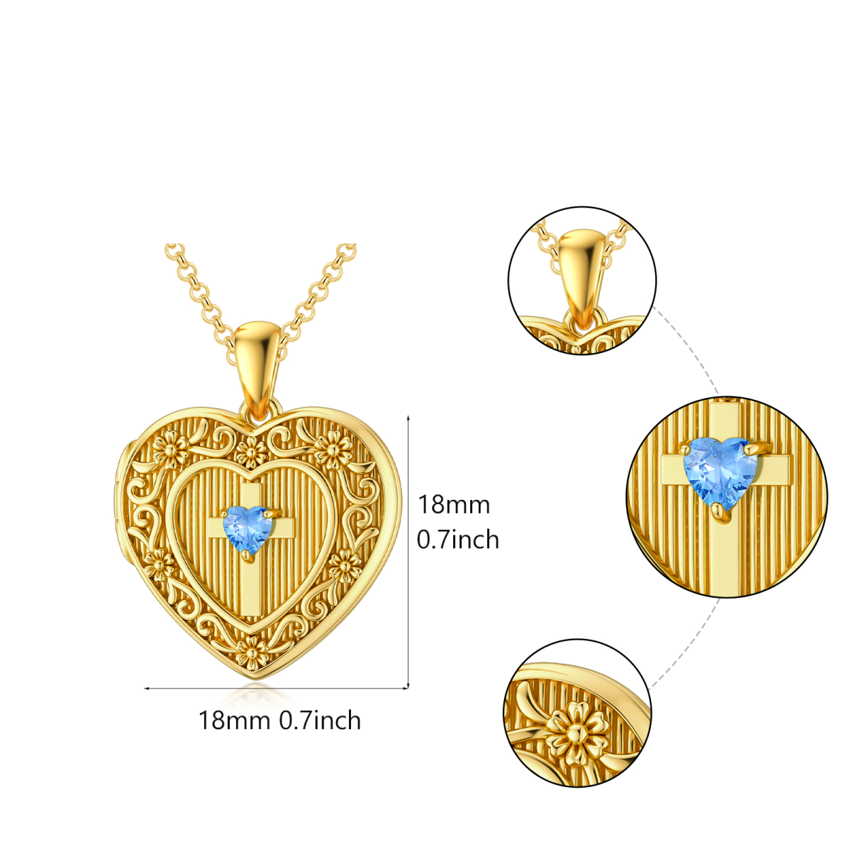 Plata de ley con chapado en oro amarillo Cruz en forma de corazón Cubic Zirconia Personalizada Birthstone Grabación Personalizada Foto Locket Collar-5