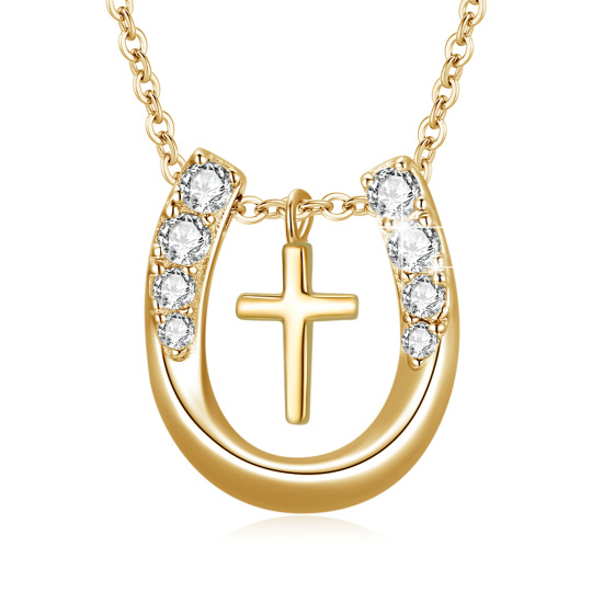 Collana con ciondolo a forma di ferro di cavallo con croce in argento sterling e zirconi cubici placcati in oro giallo