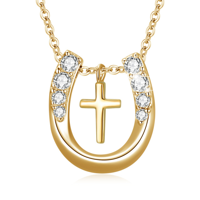 Collana con ciondolo a forma di ferro di cavallo con croce in argento sterling e zirconi cubici placcati in oro giallo-1