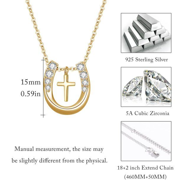 Sterling Silver with Yellow Gold Plated Cubic Zirconia Cross Horseshoe Pendant Necklace-4