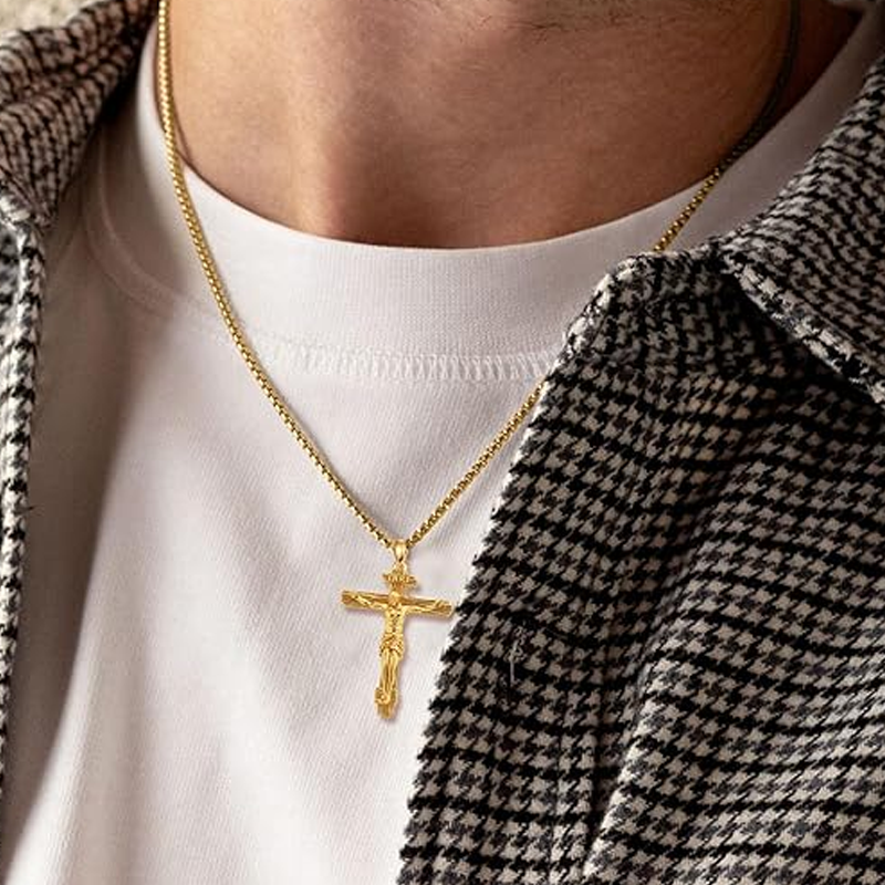 Sterling Silver Yellow Gold Plated Cross & Jesus Pendant Necklace for Men-2