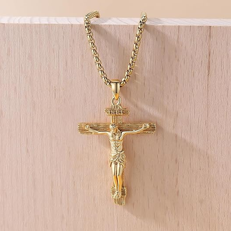 Sterling Silver Yellow Gold Plated Cross & Jesus Pendant Necklace for Men-3