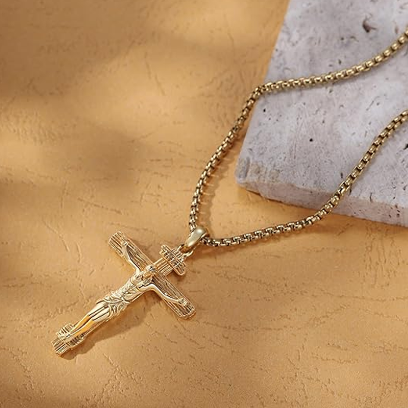 Sterling Silver Yellow Gold Plated Cross & Jesus Pendant Necklace for Men-4