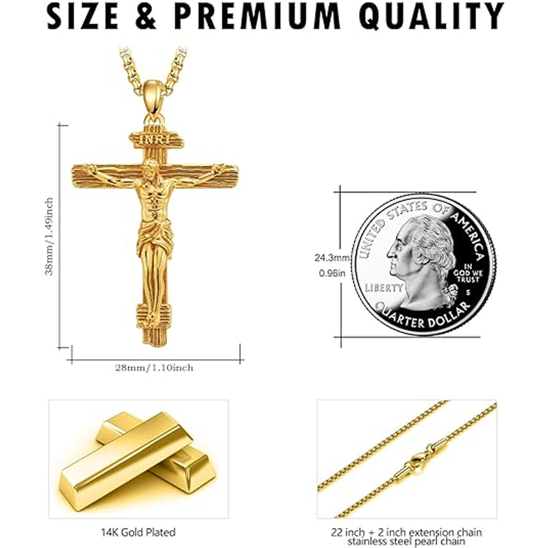 Colar com pingente de cruz de Jesus banhado a ouro amarelo e prata esterlina para homens-5
