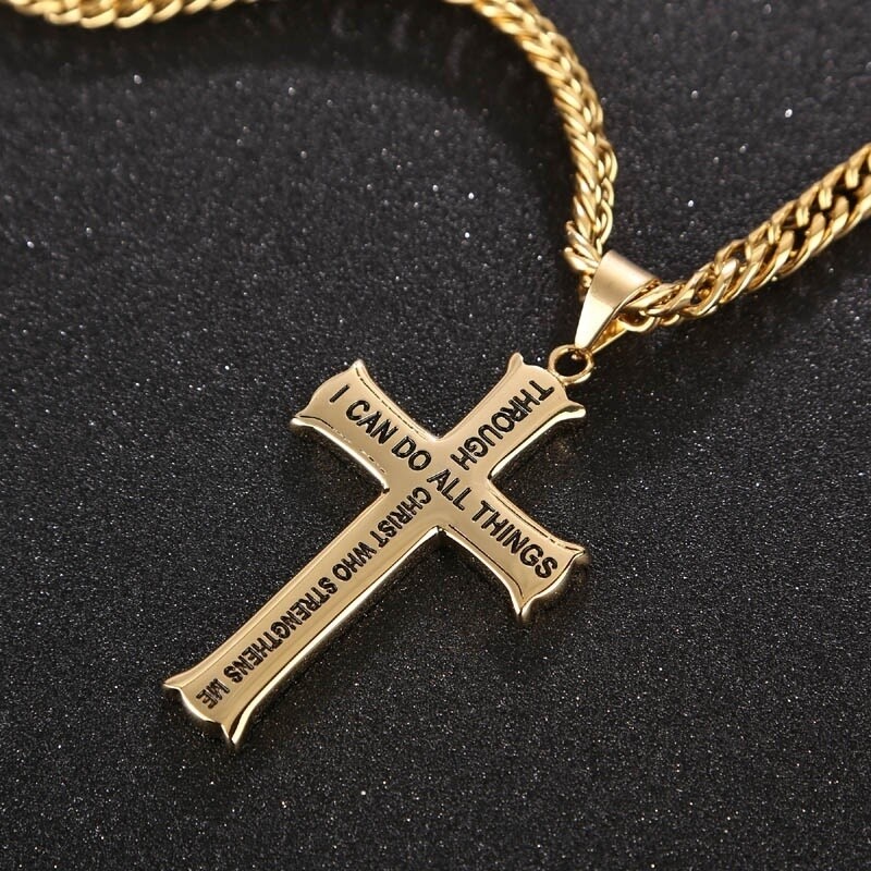 Colar com pingente de cruz banhado a ouro amarelo com palavra gravada para homens-1