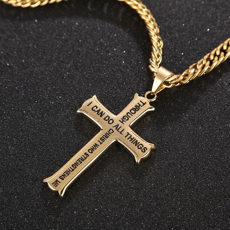 Collier en argent sterling et plaqué or jaune avec pendentif croix et mot gravé pour homme-1