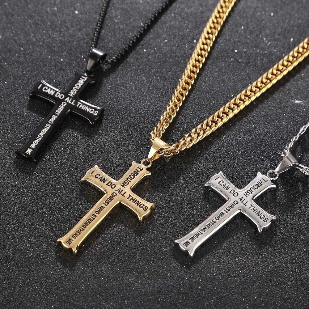 Colar com pingente de cruz banhado a ouro amarelo com palavra gravada para homens-2