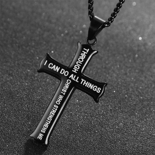 Sterling Silver With Black Rhodium Color Cross Pendant Necklace With Engraved Word For Men