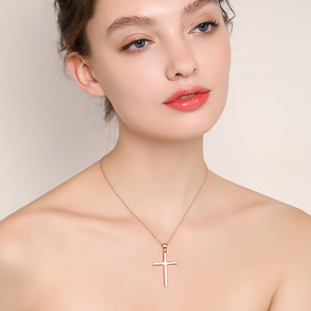 Sterling Silver with Rose Gold Plated Cross Pendant Necklace-2