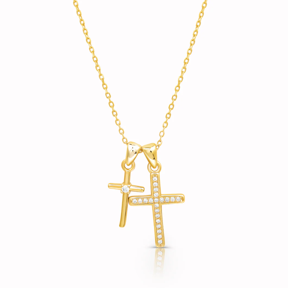 Sterling Silver with Yellow Gold Plated Cubic Zirconia Cross Pendant Necklace-1