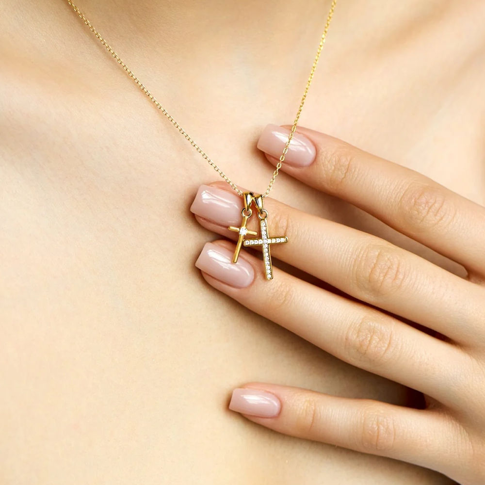 Sterling Silver with Yellow Gold Plated Cubic Zirconia Cross Pendant Necklace-3