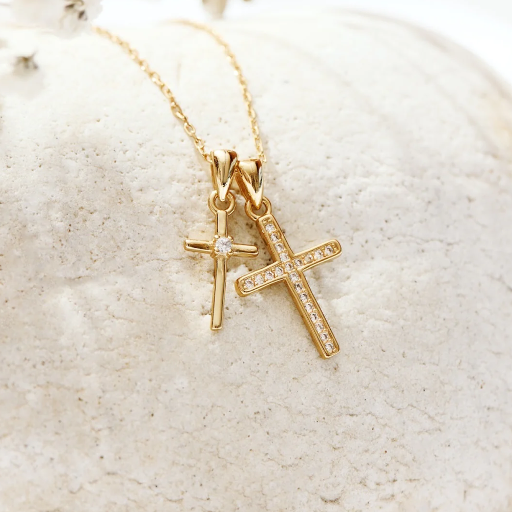 Sterling Silver with Yellow Gold Plated Cubic Zirconia Cross Pendant Necklace-4