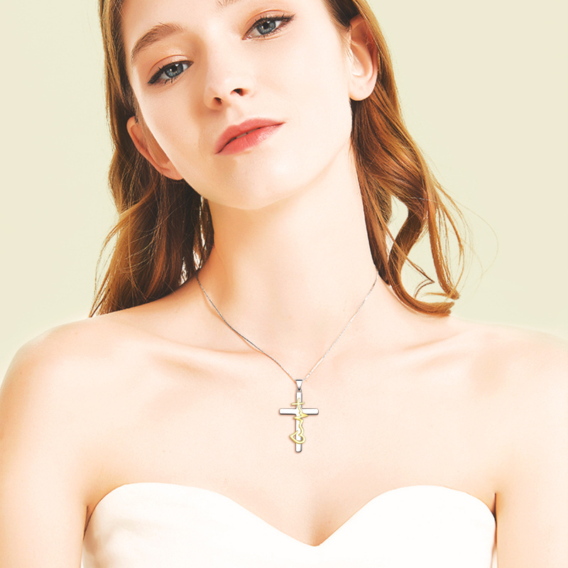 Sterling Silver with Yellow Gold Plated Cross Pendant Necklace-2