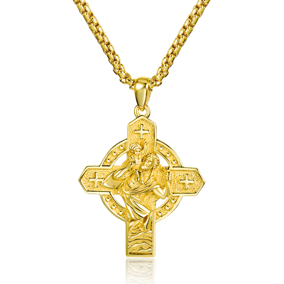 Collier en argent sterling avec pendentif Croix et Saint-Christophe plaqué or jaune avec m-1