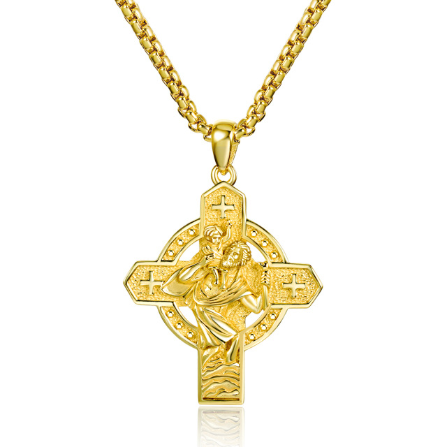 Sterling Silver with Yellow Gold Plated Cross & Saint Christopher Pendant Necklace with Engraved Word for Men-1