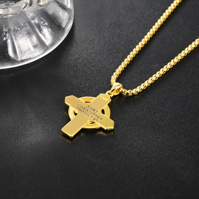 Collier en argent sterling avec pendentif Croix et Saint-Christophe plaqué or jaune avec m-4