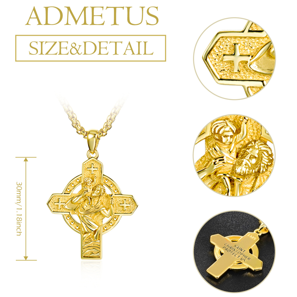 Sterling Silver with Yellow Gold Plated Cross & Saint Christopher Pendant Necklace with Engraved Word for Men-5