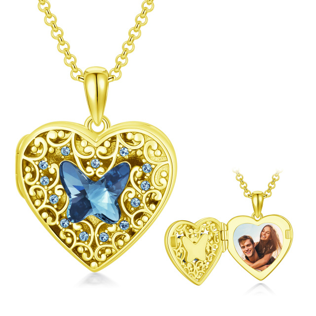 Colar de prata esterlina com medalhão de foto personalizada com coração de borboleta de cristal banhado a ouro amarelo para mulheres-1