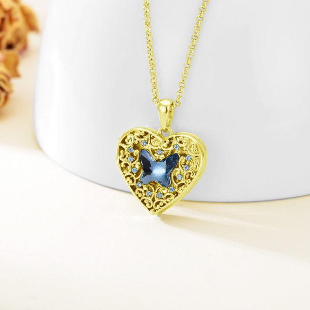 Sterling Silver With Yellow Gold Plated Crystal Butterfly Heart Personalized Photo Locket Necklace For Women-3