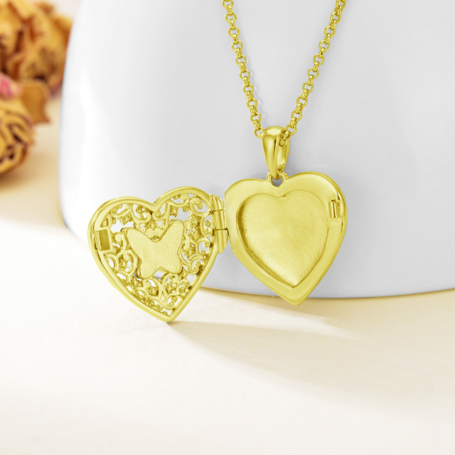 Sterling Silver With Yellow Gold Plated Crystal Butterfly Heart Personalized Photo Locket Necklace For Women-4