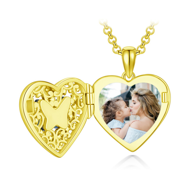 Sterling Silver With Yellow Gold Plated Crystal Butterfly Heart Personalized Photo Locket Necklace For Women-6