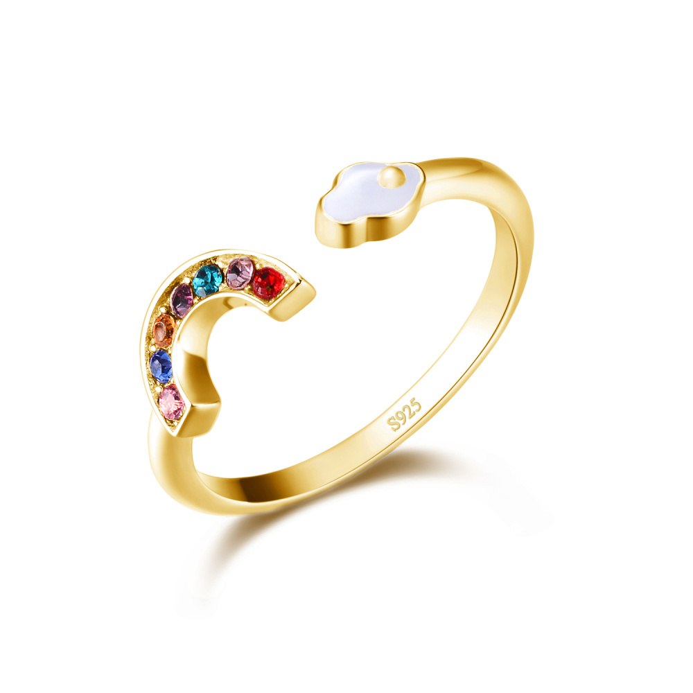 Bague ouverte arc-en-ciel en argent sterling avec cristaux plaqués or jaune-1
