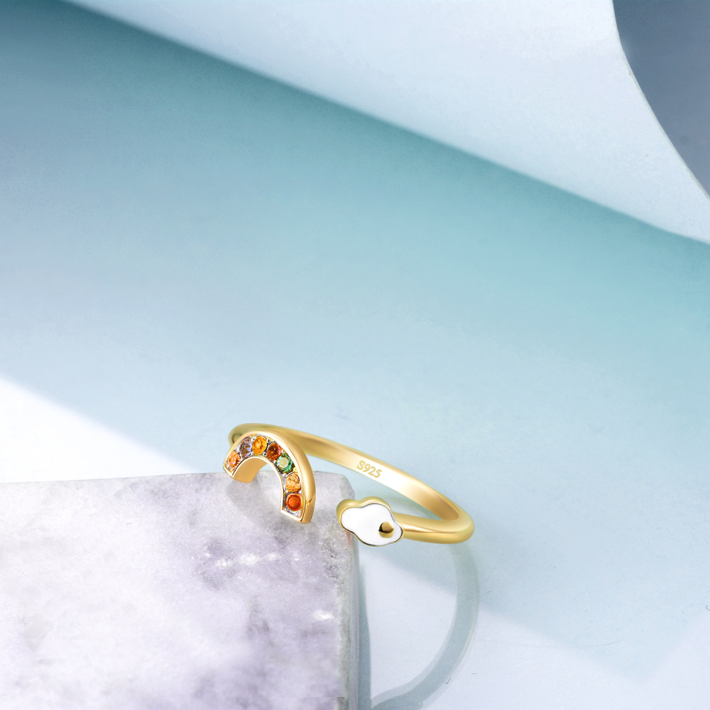 Bague ouverte arc-en-ciel en argent sterling avec cristaux plaqués or jaune-2
